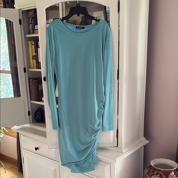 BTFBM Elegant Turquoise Long Sleeve Ruched Fitted Dress Medium - Picture 1 of 11